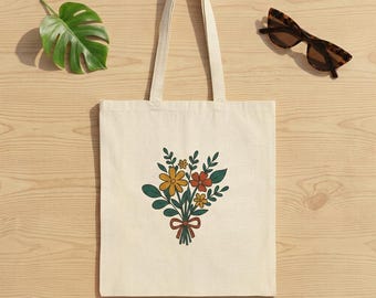 Bolso de mano vintage con ramo de flores silvestres – Bolso de compras de lona con diseño botánico estilo cottagecore