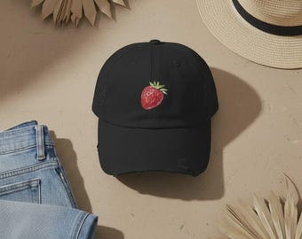 Gorra de papá con fresa desgastada: gorra minimalista de fruta, sarga de algodón vintage