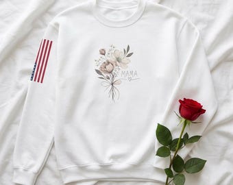 Sudadera con estampado floral para mamá, manga con bandera estadounidense, regalo para el Día de la Madre, cuello redondo con ramo minimalista