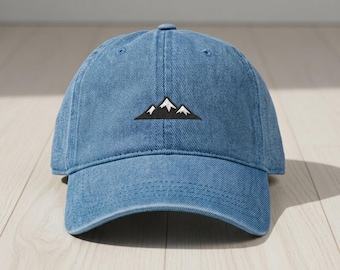 Gorra estilo "papá" con bordado de montaña, gorra de béisbol minimalista de mezclilla azul lavada, regalo para excursionistas.