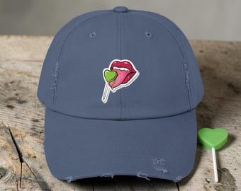 Gorra con estampado de labios de piruleta / Gorra estilo vintage desgastada