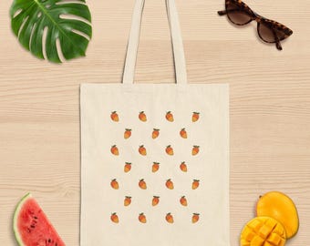 Bolso tote de lona con estampado de mango: bolso de hombro minimalista de verano.