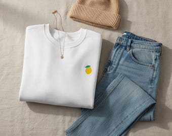 Sudadera unisex de mezcla de algodón y poliéster con cuello redondo y bordado minimalista de limón