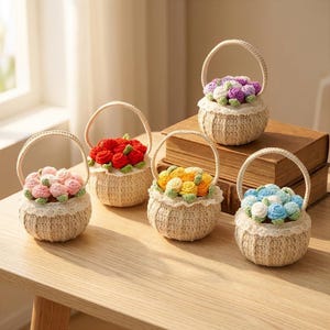 Handmade Crochet Flower Basket Knitted Floral Basket Home Desk Decor Mother's Day Gift Bridesmaid Gift Small Storage Basket Gift for Her