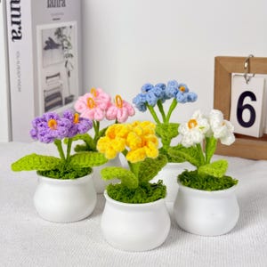 以下が含まれることがあります： 小さな白い鉢に入った6つの手編みの花。花は紫、ピンク、黄色、青、白など様々な色があり、緑の葉が付いています。鉢は緑の苔で満たされています。