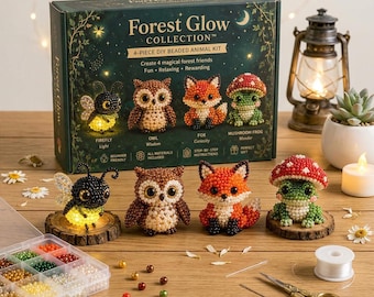 Forest Glow Collection DIY kralenset, 4-in-1 kralenset met vuurvliegjes, uilen, vossen en kikkers, beginnersvriendelijke knutselset, magisch boscadeau voor knutselaars