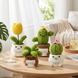Crochet Cactus Tulip Potted Plant Handmade Knitted Plant with Funny Tag Cute Face Pot Cheer Up Gift Plant Lover Gift Birthday Present