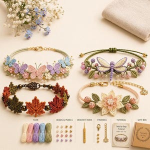 May include: Four handmade crochet bracelets featuring butterfly, dragonfly, maple leaf, and flower designs. Includes yarn bundles, beads, pearls, a crochet hook, metal findings, a step-by-step tutorial card, and a gift box for crafting projects.