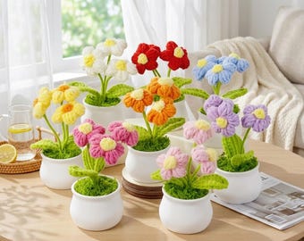 Pianta in vaso di fiori all'uncinetto fatta a mano, mini bouquet di margherite lavorate a maglia, decorazione floreale artificiale colorata per scrivania e casa, regalo perfetto per gli amanti delle piante