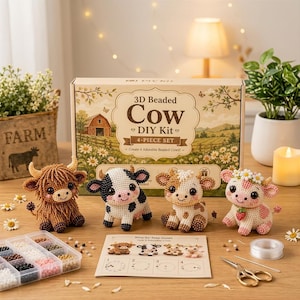 Cute 3D Beaded Cow DIY Kit, Cute Farm Animal Bead Craft Kit, Highland Cow Beaded Kit, Kawaii Cow Handmade Craft, Gift for Craft Lovers