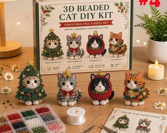 3D Beaded Christmas Cat DIY Kit Set of 4, Santa Hat & Stocking Cat Beading Kit, Festive Animal Craft Kit for Adults, Holiday Decor Gift