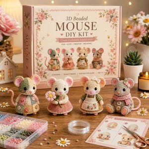 May include: A 3D beaded mouse DIY kit box featuring four mouse figurines, a clear plastic bead organiser, a spool of clear thread, and a step-by-step guide. The box displays the text 3D Beaded MOUSE DIY KIT and images of four mice.