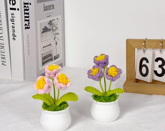 May include: Two small, white ceramic pots each hold a crocheted flower arrangement. One has pink flowers with yellow centers, the other has purple flowers with yellow centers. Green leaves and moss-like material surround the flowers.