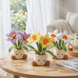 May include: Three crocheted potted flowers featuring purple, yellow, and white petals with orange centres. Each plant sits in a cream-coloured crocheted pot with a simple embroidered face and two small brown crocheted feet at the base.