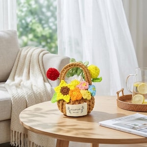 Cesta de girassóis em crochê feita à mão, chaveiro com buquê floral tricotado, enfeite fofo para bolsa, decoração de mesa encantadora, presente para amantes de plantas.