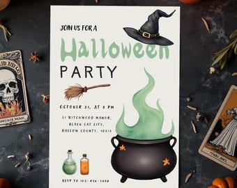 Halloween Party Invitation Template | Editable Canva | Witchy Birthday or Costume Party