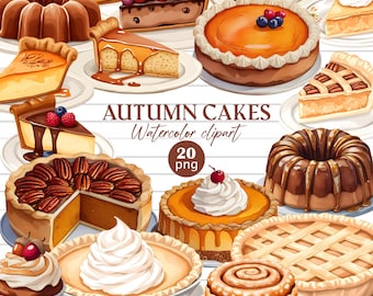 May include: Watercolor clipart of various autumn cakes and desserts, including pumpkin pie, pecan pie, and chocolate cake. The image features the text "AUTUMN CAKES Watercolor clipart" and "20 png".