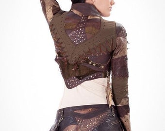 Bolero-vest black leather studded patchwork,goth,fusion,psywear,steampunk,punk,Burning man,Wasteland