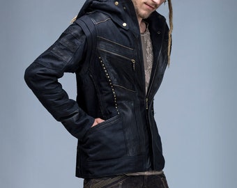 Cyborg jacket | Cyberpunk Clothing | De-touchable Sleeves | Jacket - Vest | Burningman Clothing | Festival Clothing | Black Leather Jacket .
