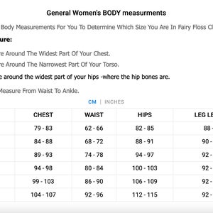 May include: A chart showing women's body measurements in inches for different sizes, including chest, waist, hips, and leg length. The sizes are XS/6, S/8, M/10, L/12, XL/14, and XXL/16.