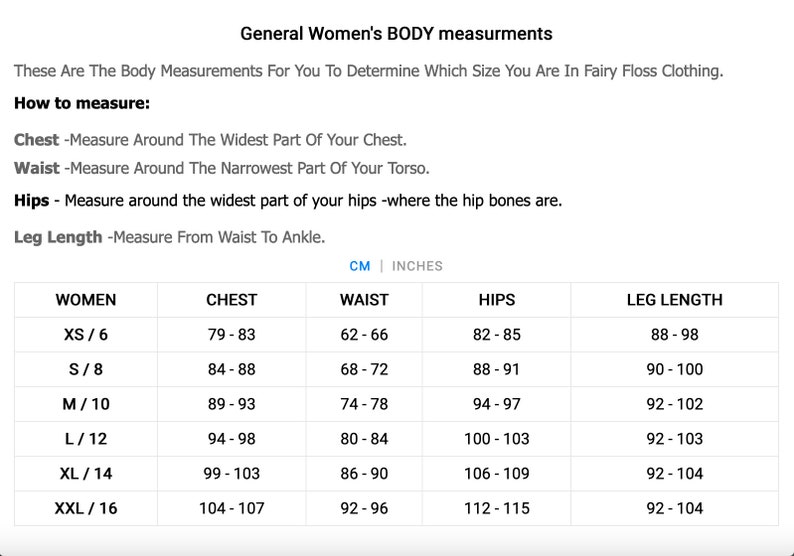 May include: A chart showing women's body measurements in inches for different sizes, including chest, waist, hips, and leg length. The sizes are XS/6, S/8, M/10, L/12, XL/14, and XXL/16.