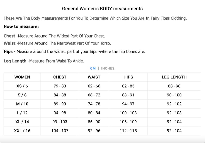 May include: A chart showing women's body measurements in inches for different sizes, including chest, waist, hips, and leg length. The sizes are XS/6, S/8, M/10, L/12, XL/14, and XXL/16.