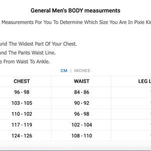 May include: A chart showing men's body measurements in inches for chest, waist, and leg length. The chart includes sizes S, M, L, XL, and XXL.