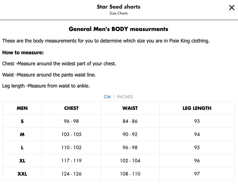 May include: Size chart for Star Seed shorts, detailing general body measurements for men. Includes chest, waist, and leg length measurements in inches and centimeters. Sizes range from S to XXL.