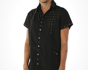 Men's Steampunk Cotton Shirt, Burningman Top, Club wear,Button up shirt,Spear Shirt,Short sleeve,Evening shirt,Smart Shirt with collar,Cyber