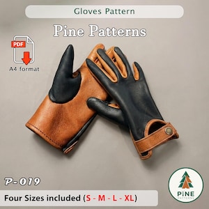 Può includere: Un paio di guanti in pelle marrone e nera, con il testo "Gloves Pattern" e "Pine Patterns". I guanti hanno una chiusura con bottone e sono disponibili in quattro taglie: S, M, L e XL. L'immagine include anche un'icona PDF.