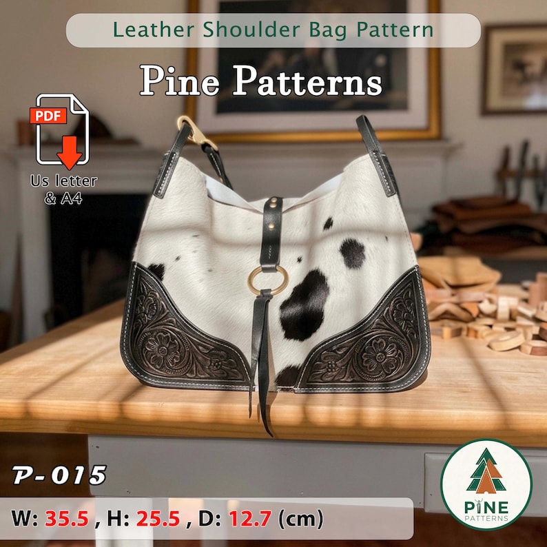 May include: A leather shoulder bag pattern with the text "Leather Shoulder Bag Pattern" and "Pine Patterns". The bag is white with black spots and black leather accents. Dimensions are W: 14 inches, H: 10 inches, D: 5 inches.