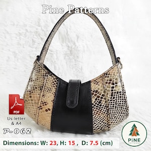 May include: A handbag with a snakeskin pattern and a solid black center panel featuring a single handle and a central strap closure. Text includes Pine Patterns, P-062, and dimensions of W: 23, H: 15, D: 7.5 cm. A PDF icon is visible.