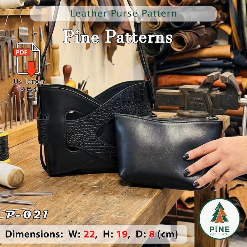 May include: Black leather purse pattern with a matching pouch. The purse has a unique design with a textured flap. Dimensions are 22 cm wide, 19 cm high, and 8 cm deep. The image includes the text "Leather Purse Pattern" and "Pine Patterns".