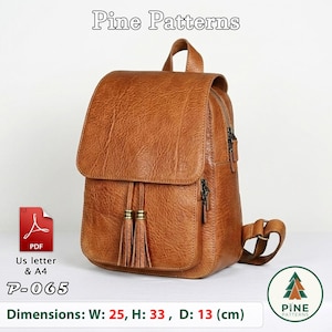 May include: A tan brown backpack with a textured surface, a top flap featuring two decorative tassels, and a front pocket. The image includes the text Pine Patterns, P-065, and dimensions of W: 25, H: 33, D: 13 cm, along with a PDF icon.