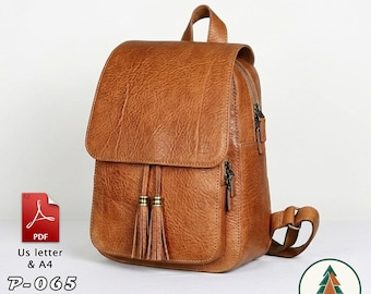 May include: A tan brown backpack with a textured surface, a top flap featuring two decorative tassels, and a front pocket. The image includes the text Pine Patterns, P-065, and dimensions of W: 25, H: 33, D: 13 cm, along with a PDF icon.