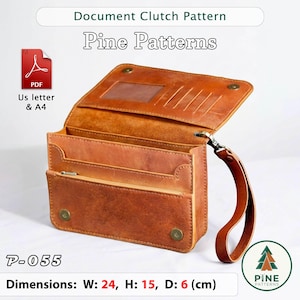 Può includere: Una pochette portadocumenti in pelle color cuoio con cinturino da polso, patta con due bottoni a pressione in ottone, finestra per documenti e fessure per carte. Testo: Document Clutch Pattern, Pine Patterns, PDF US letter & A4, P-055, W: 24, H: 15, D: 6 (cm).