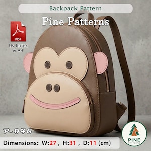 May include: A brown backpack shaped like a monkey face with light beige accents, pink ears, and a pink smile. The design includes a PDF icon, text reading Backpack Pattern, Pine Patterns, and P-046. Dimensions are W: 27, H: 31, D: 11 cm.