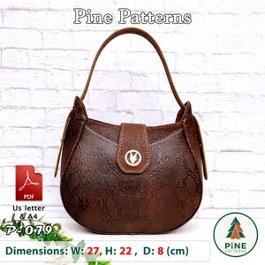 May include: A brown handbag with a textured surface and a single handle. The bag features a central flap with a circular silver emblem. Text includes Pine Patterns, P-079, and dimensions of W: 27, H: 22, D: 8 cm. A PDF icon is visible.