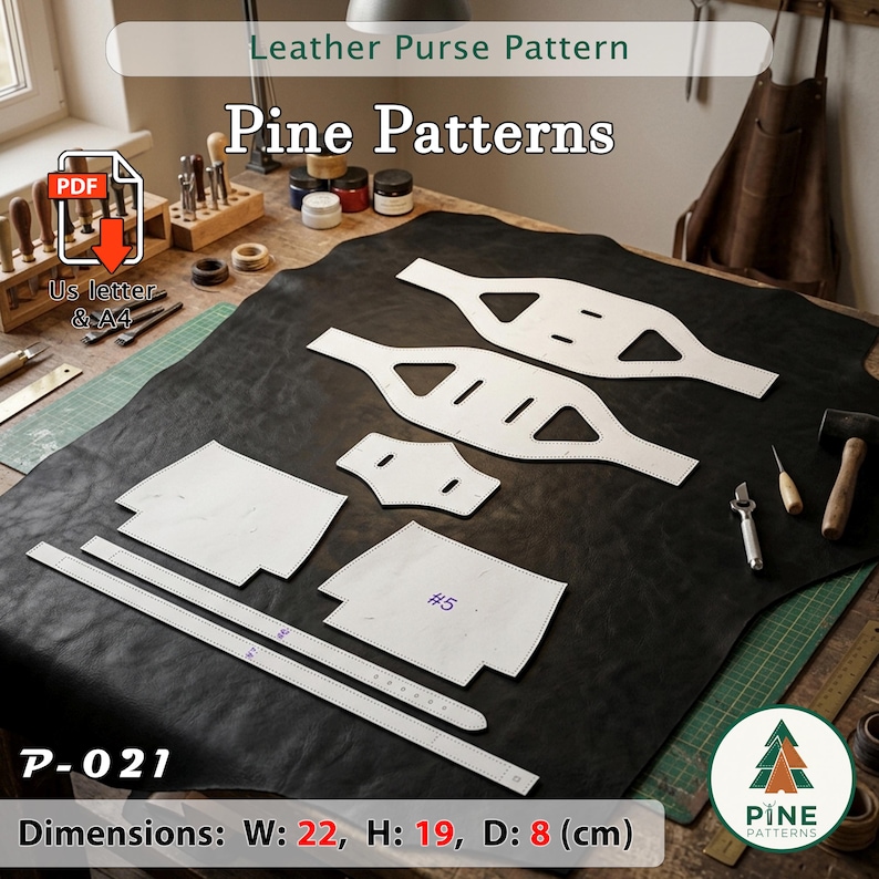 May include: A leather purse pattern from Pine Patterns, with dimensions of 22 cm wide, 19 cm high, and 8 cm deep. The image shows white paper templates, a black leather sheet, and various crafting tools. The text "Leather Purse Pattern" is visible.