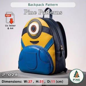 May include: A yellow, blue, and navy backpack with a cartoon design. The backpack has a zippered main compartment and a front pocket. The dimensions are 27 cm wide, 31 cm high, and 11 cm deep.