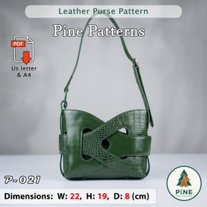 May include: A green leather purse pattern with the text "Leather Purse Pattern" and "Pine Patterns". The purse is green with a crocodile texture. Dimensions: Width 8.6 inches, Height 7.5 inches, Depth 3.1 inches.