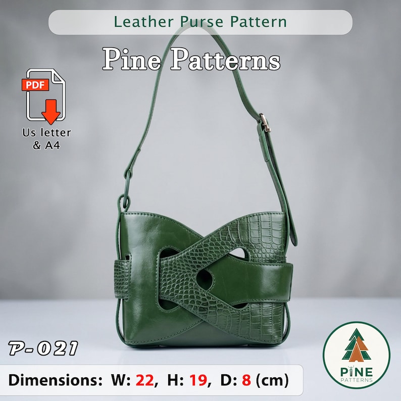 May include: A green leather purse pattern with the text "Leather Purse Pattern" and "Pine Patterns". The purse is green with a crocodile texture. Dimensions: Width 8.6 inches, Height 7.5 inches, Depth 3.1 inches.