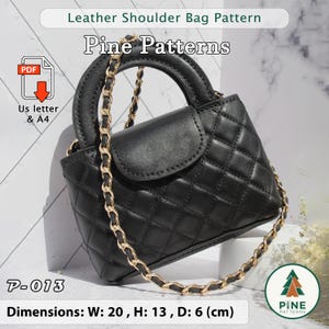 May include: Black quilted leather shoulder bag with a gold chain strap and handle. The bag has a flap closure and a diamond pattern. The dimensions are 20 cm wide, 13 cm high, and 6 cm deep. The text "Pine Patterns" is visible.
