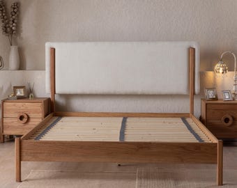 Handmade Oak Bedframe with Linen Upholstered Headboard, Scandinavian Custom Bedframe, Minimalist Bedroom Furniture