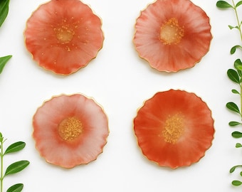 Blush Pink Resin Coaster Set – Gold Floral Agate Style, Handmade Decor