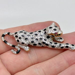 Vintage Gold Tone Paste Enamel Big Cat Panther Leopard Brooch - Ruby Glass Eyes