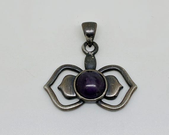 Vintage Pewter Natural Amethyst Third Eye Chakra Pendant