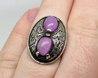 Vintage Miracle Signed Silver Tone Faux Scottish Agate Celtic Iona Ring - Adjustable Size - Purple Stones