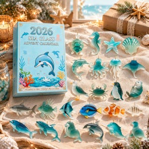 Peut inclure: Une boîte de calendrier de l'Avent 2026 en verre marin avec une illustration de dauphin et vingt-quatre ornements sur le thème de la mer, incluant une tortue, un hippocampe, une étoile de mer, un coquillage, une pieuvre, une méduse et divers poissons.