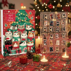 以下が含まれることがあります： 猫のイラストとクリスマスツリーのデザインが特徴のクリスマスアドベントカレンダー。テキストは「2025 Merry Christmas」と表示されています。透明なトレイには猫をテーマにしたオーナメントが並んでいます。赤いチェック柄のテーブルクロスの上に、ろうそくが灯されています。